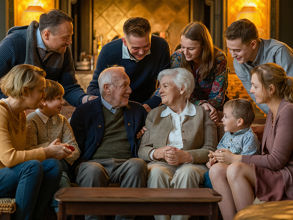 Starejši par med svojimi potomci