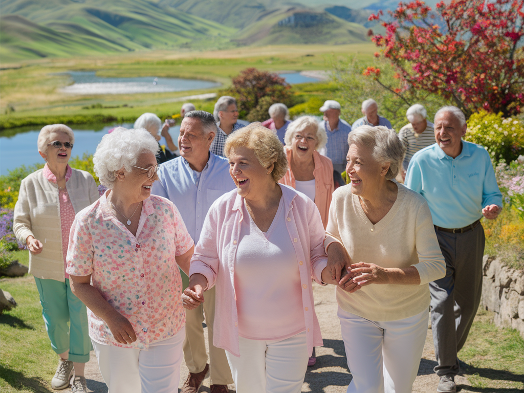 Vesela skupina starejših oseb na sprehodu