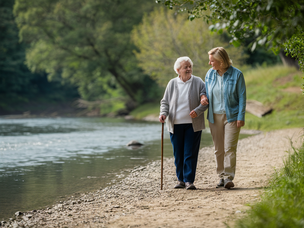 Starejša oseba ženskega spola s spremstvom na sprehodu ob reki